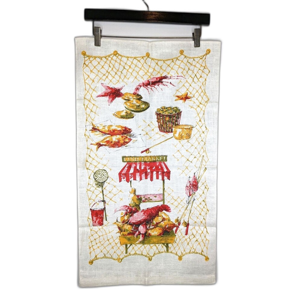 Vintage Polish Linen Tea Towel Screen Print Fish Market Unused Mint